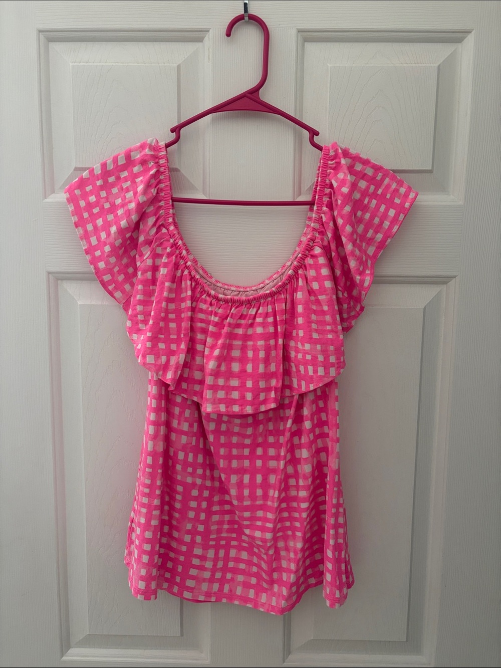 Lilly Pulitzer Pink & White Check Off-Shoulder Ruffle Top